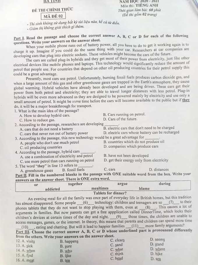 Trang 1 đề thi vào 10 môn Anh năm 2020 tỉnh Hà Tĩnh