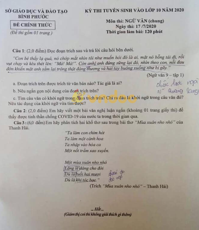 Đề thi vào lớp 10 môn Văn Bình Phước 2020