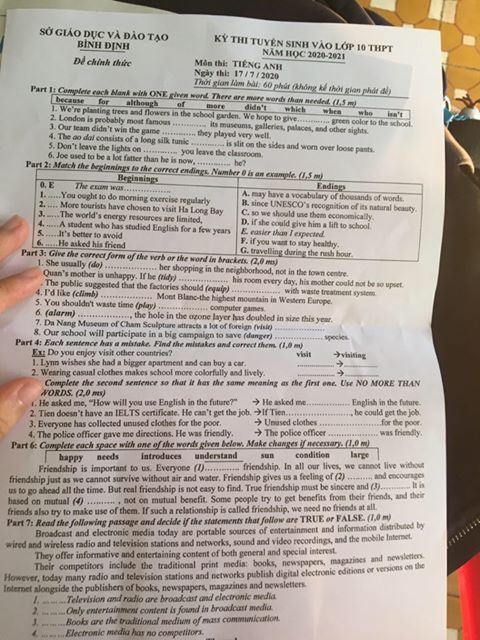 Đáp án Đề thi tuyển sinh lớp 10 môn Anh Bình Định năm 2020