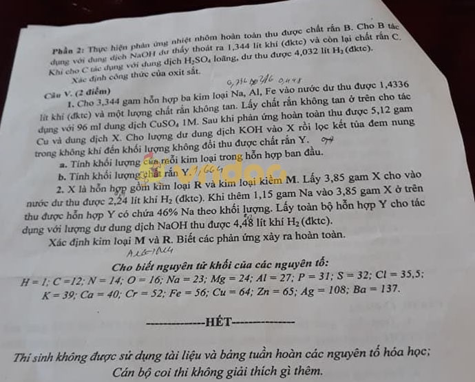 Đề thi tuyển sinh lớp 10 chuyên Hóa tỉnh Hưng Yên năm 2020 