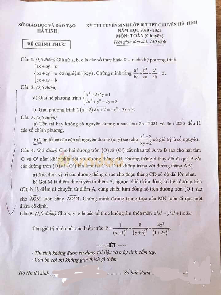 Đề thi tuyển sinh lớp 10 môn Toán chuyên năm 2020 Sở GD&ĐT Hà Tĩnh