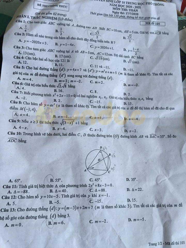 Đáp án đề thi tuyển sinh lớp 10 môn Toán tỉnh Bắc Giang năm 2020