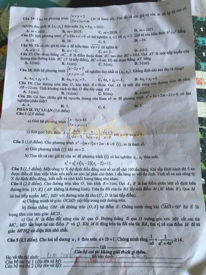 Đáp án đề thi tuyển sinh lớp 10 môn Toán tỉnh Bắc Giang năm 2020