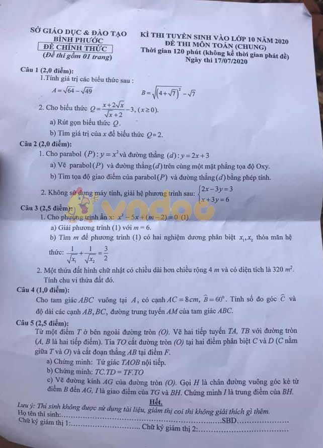 Đáp án đề thi tuyển sinh lớp 10 môn Toán tỉnh Bình Phước năm 2020