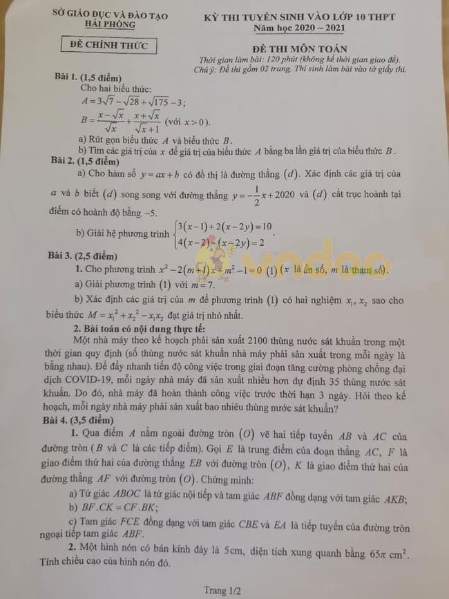 Đáp án đề thi tuyển sinh lớp 10 môn Toán tỉnh Hải Phòng năm 2020
