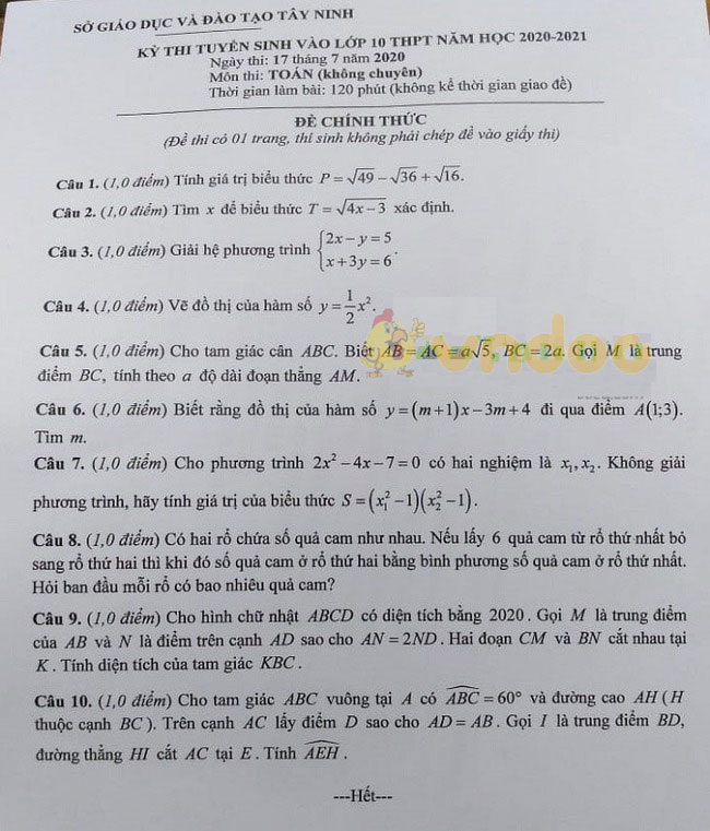 Đáp án đề thi tuyển sinh lớp 10 môn Toán tỉnh Tây Ninh năm 2020