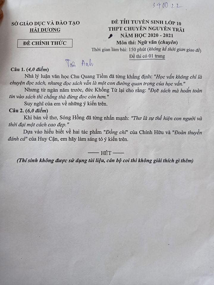 Đề thi tuyển sinh lớp 10 môn Văn trường THPT Chuyên Nguyễn Trãi năm 2020