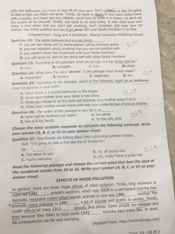 Đáp án Đề thi tuyển sinh lớp 10 môn Anh Khánh Hòa năm 2020
