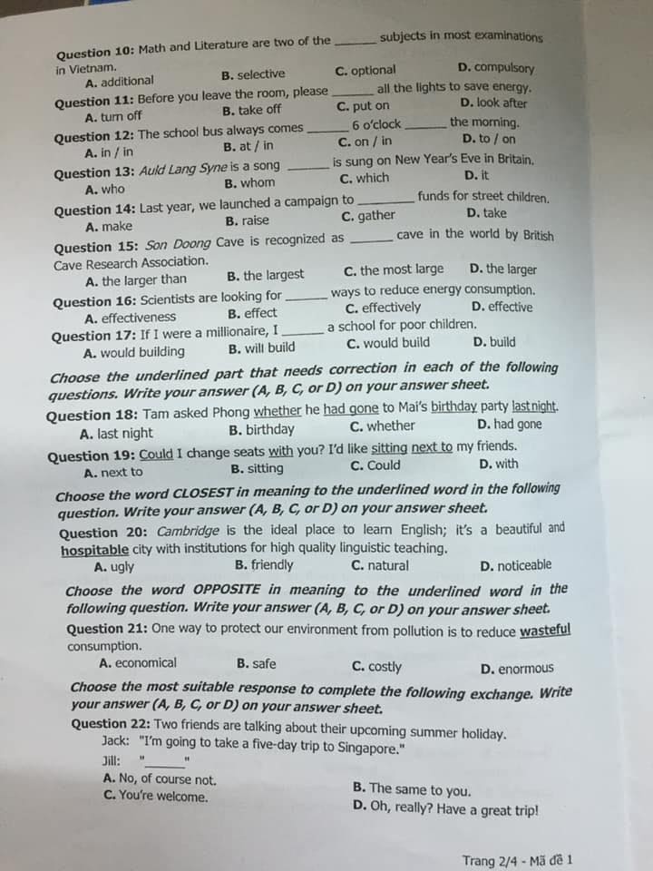 Đáp án Đề thi tuyển sinh lớp 10 môn Anh Khánh Hòa năm 2020