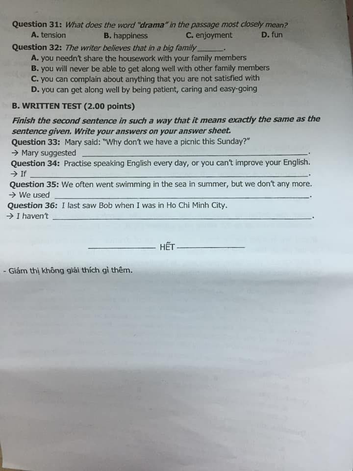 Đáp án Đề thi tuyển sinh lớp 10 môn Anh Khánh Hòa năm 2020