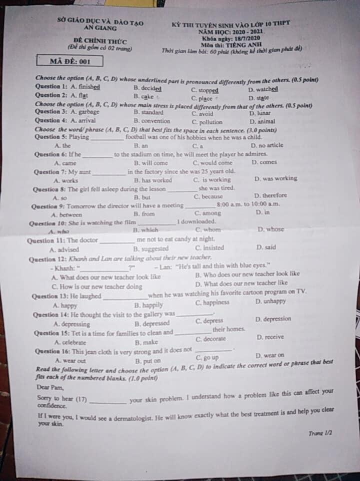 Đề thi vào lớp 10 môn Anh An Giang năm 2020 chính thức