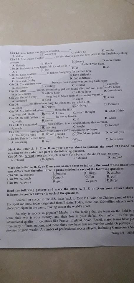 Đáp án Đề thi tuyển sinh lớp 10 môn Anh Nghệ An năm 2020
