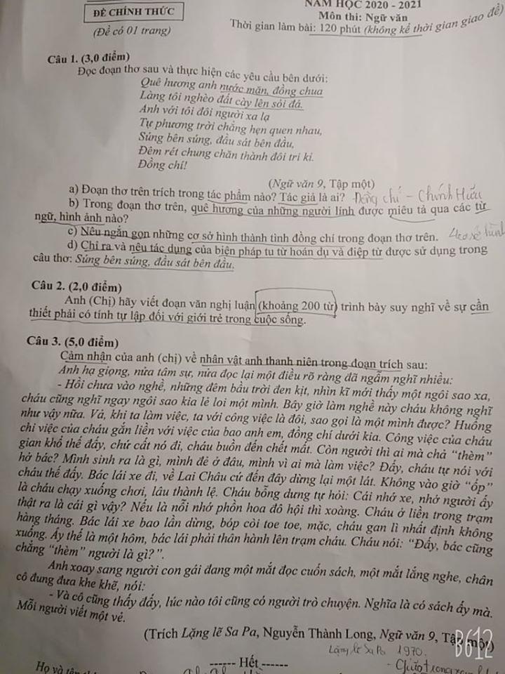 Đề thi tuyển sinh vào lớp 10 môn Văn Bắc Ninh 2020