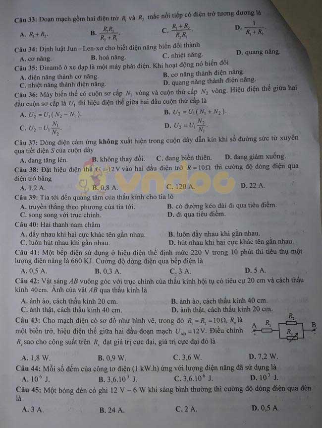 Đáp án đề thi tuyển sinh lớp 10 môn Tổ hợp tỉnh Vĩnh Phúc năm 2020