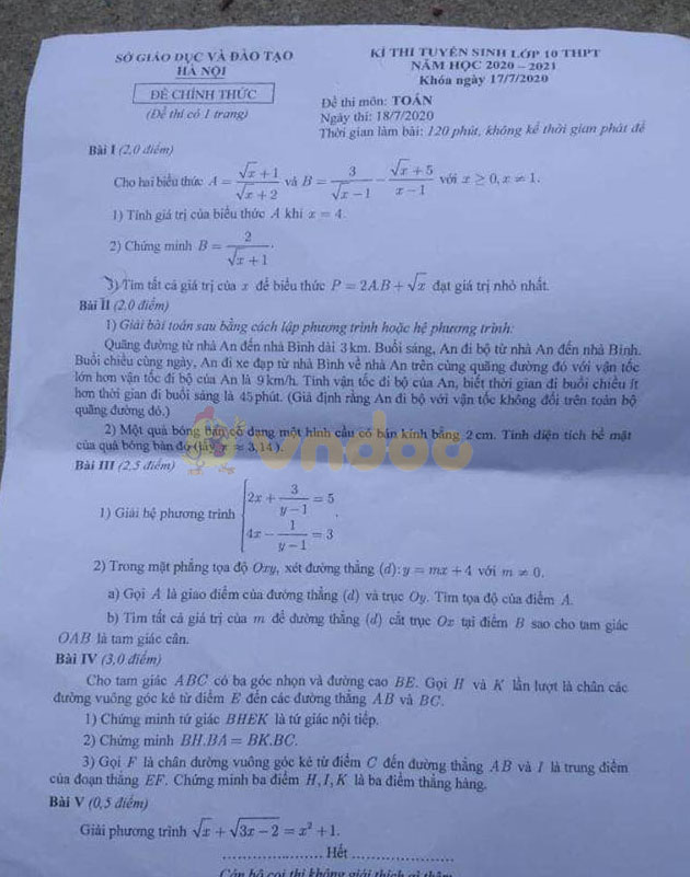 Đáp án đề thi tuyển sinh lớp 10 môn Toán Hà Nội năm 2020 ...