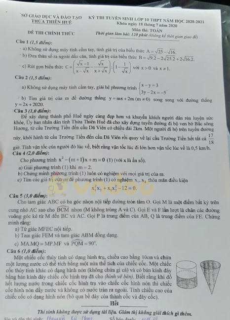 Đáp án đề thi tuyển sinh lớp 10 môn Toán tỉnh Thừa Thiên Huế năm 2020
