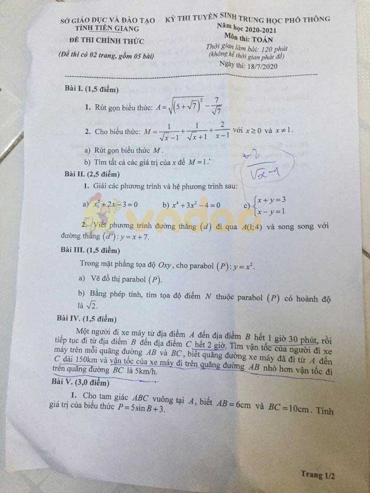 Đáp án đề thi tuyển sinh lớp 10 môn Toán tỉnh Tiền Giang năm 2020