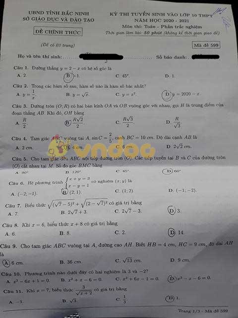 Đáp án đề thi tuyển sinh lớp 10 môn Toán tỉnh Bắc Ninh năm 2020
