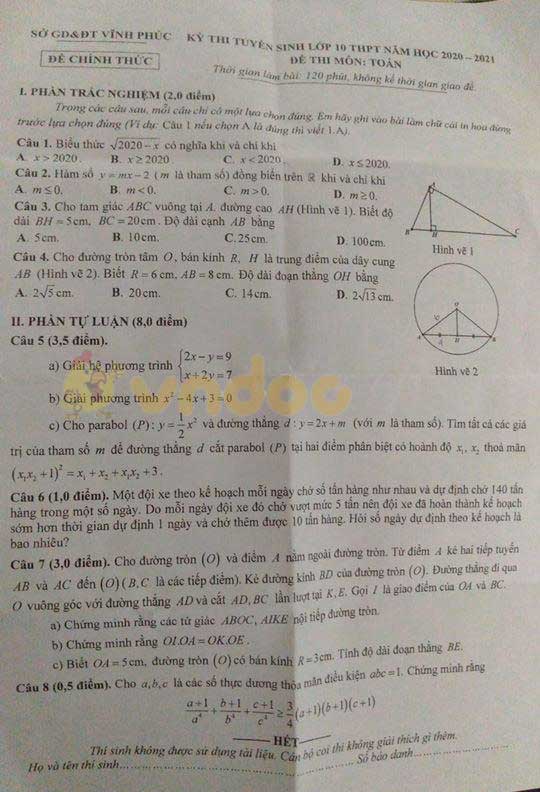 Đáp án đề thi tuyển sinh lớp 10 môn Toán tỉnh Vĩnh Phúc năm 2020