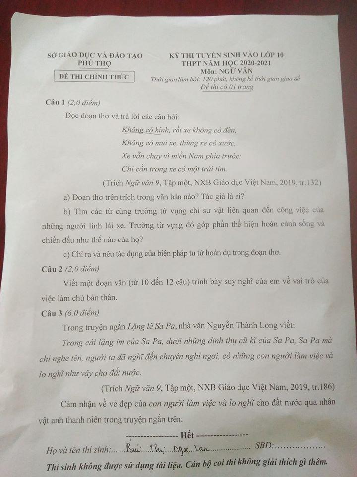 Đề thi tuyển sinh lớp 10 môn Văn Sở GD&ĐT Phú Thọ năm 2020