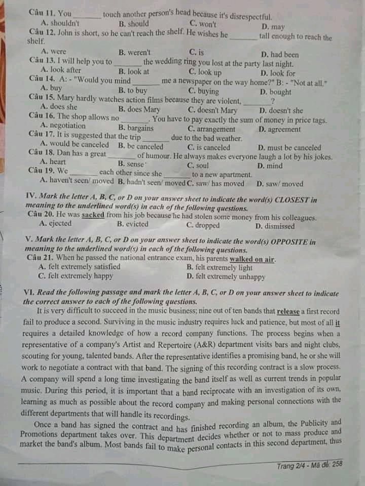 Đáp án Đề thi tuyển sinh lớp 10 môn Anh Đắk Lắk năm 2020