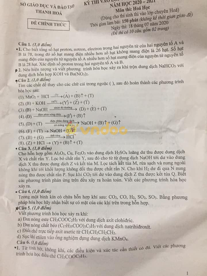 Đáp án đề thi tuyển sinh lớp 10 chuyên Hóa Lam Sơn Thanh Hóa
