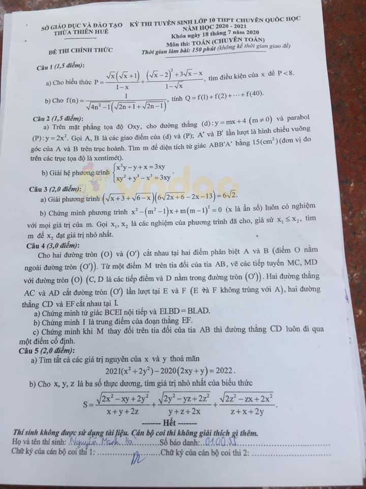 Đáp án đề thi tuyển sinh lớp 10 môn Toán chuyên năm 2020 tỉnh Thừa Thiên Huế