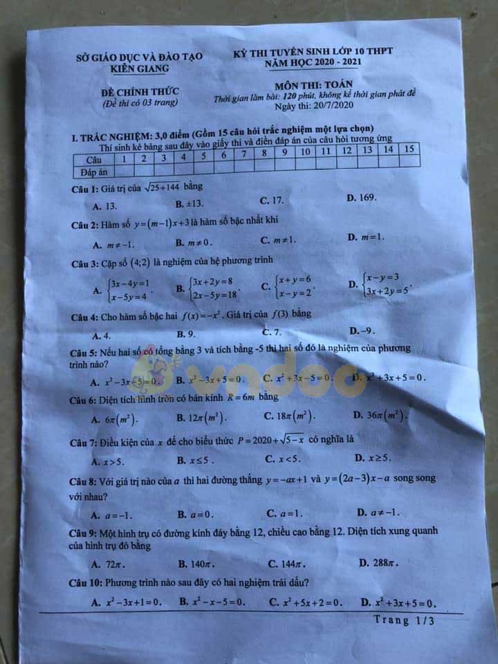 Đáp án đề thi tuyển sinh lớp 10 môn Toán tỉnh Kiên Giang năm 2020