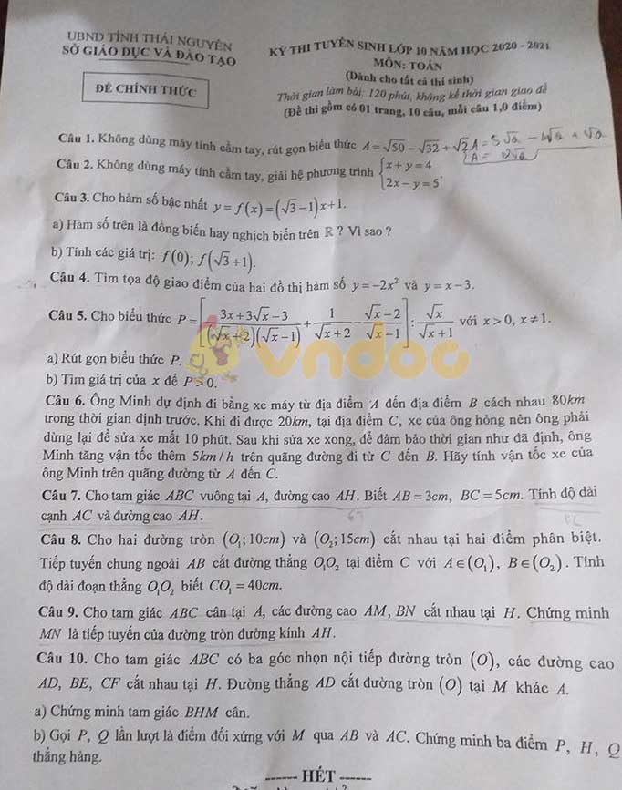 Đáp án đề thi tuyển sinh lớp 10 môn Toán tỉnh Thái Nguyên năm 2020