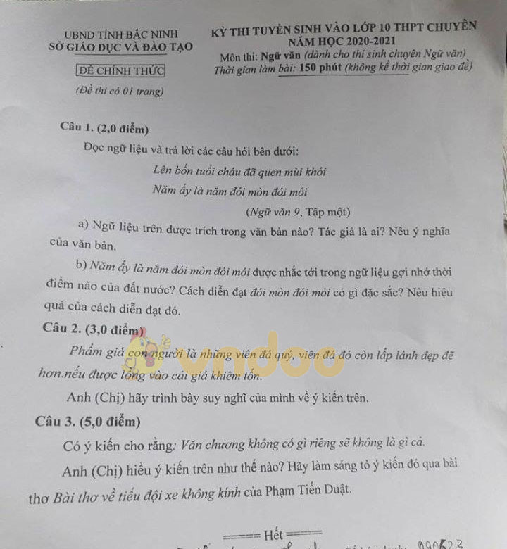 Đáp án đề thi tuyển sinh lớp 10 môn Văn chuyên năm 2020 tỉnh Bắc Ninh