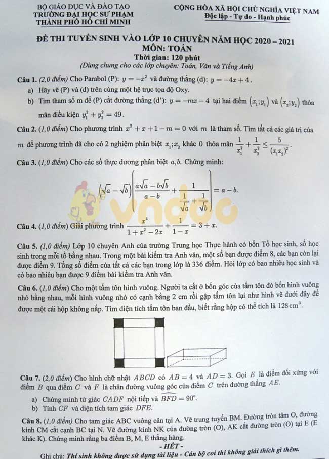 Đáp án đề thi tuyển sinh lớp 10 môn Toán chuyên năm 2020 Trung học Thực hành TPHCM
