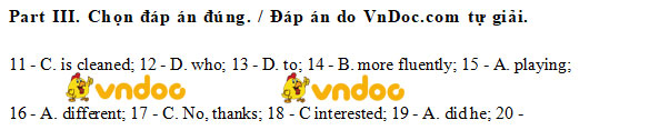 Đáp án Đề thi tuyển sinh lớp 10 môn Anh Thái Nguyên năm 2020