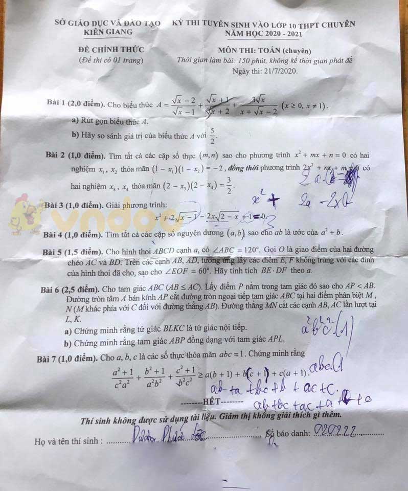 Đáp án đề thi tuyển sinh lớp 10 môn Toán chuyên năm 2020 tỉnh Kiên Giang