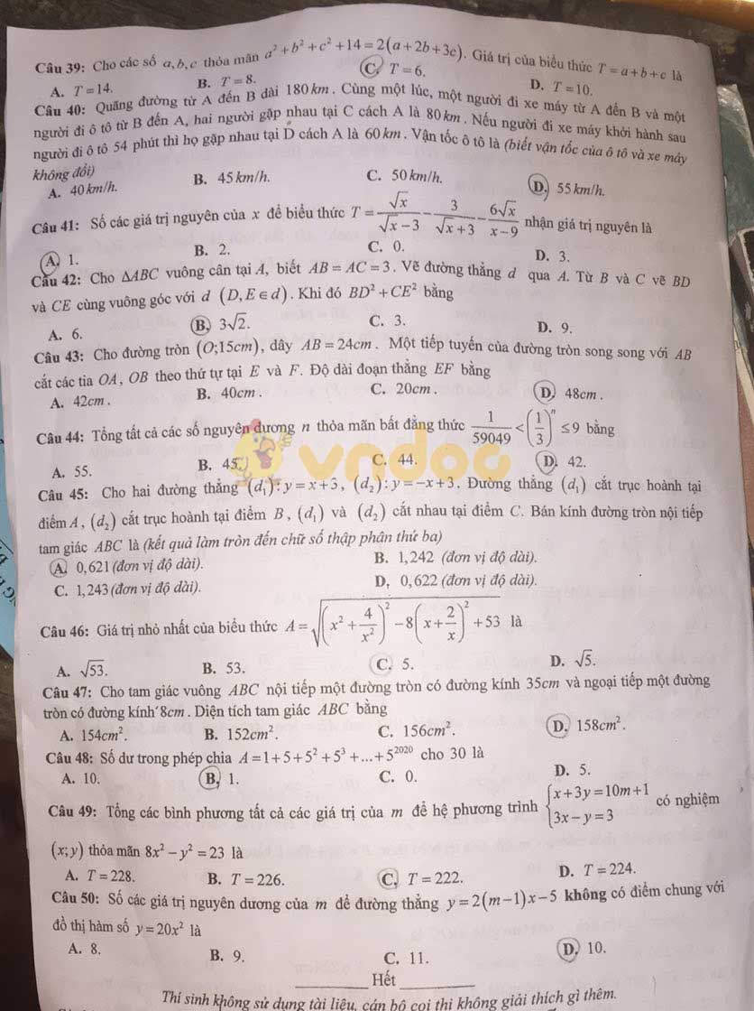 Đáp án đề thi tuyển sinh lớp 10 môn Toán tỉnh Yên Bái năm 2020
