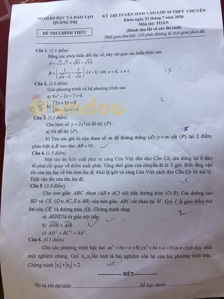Đáp án đề thi tuyển sinh lớp 10 môn Toán tỉnh Quảng Trị năm 2020