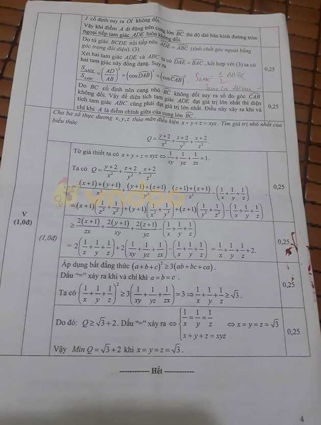 Đáp án đề thi tuyển sinh lớp 10 môn Toán tỉnh Thanh Hóa năm 2020
