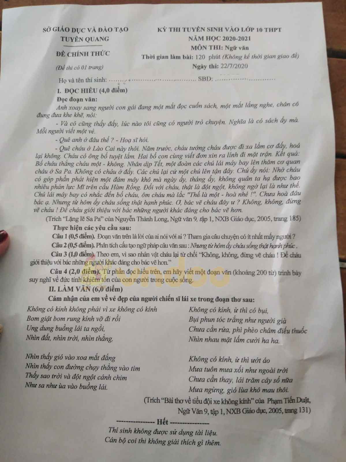Đáp án đề thi tuyển sinh lớp 10 môn Văn tỉnh Tuyên Quang năm 2020