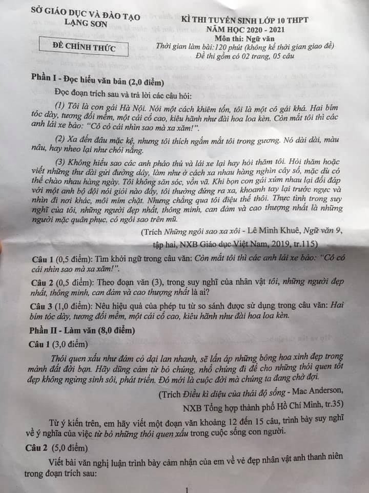 Đề thi tuyển sinh lớp 10 môn Văn tỉnh Lạng Sơn năm 2020