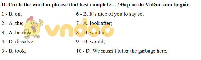 Đáp án Đề thi tuyển sinh lớp 10 môn Anh Bà Rịa Vũng Tàu năm 2020