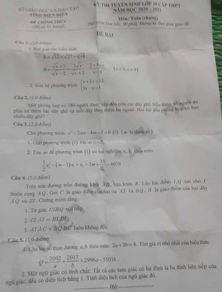 Đề thi tuyển sinh lớp 10 môn Toán tỉnh Điện Biên năm 2020