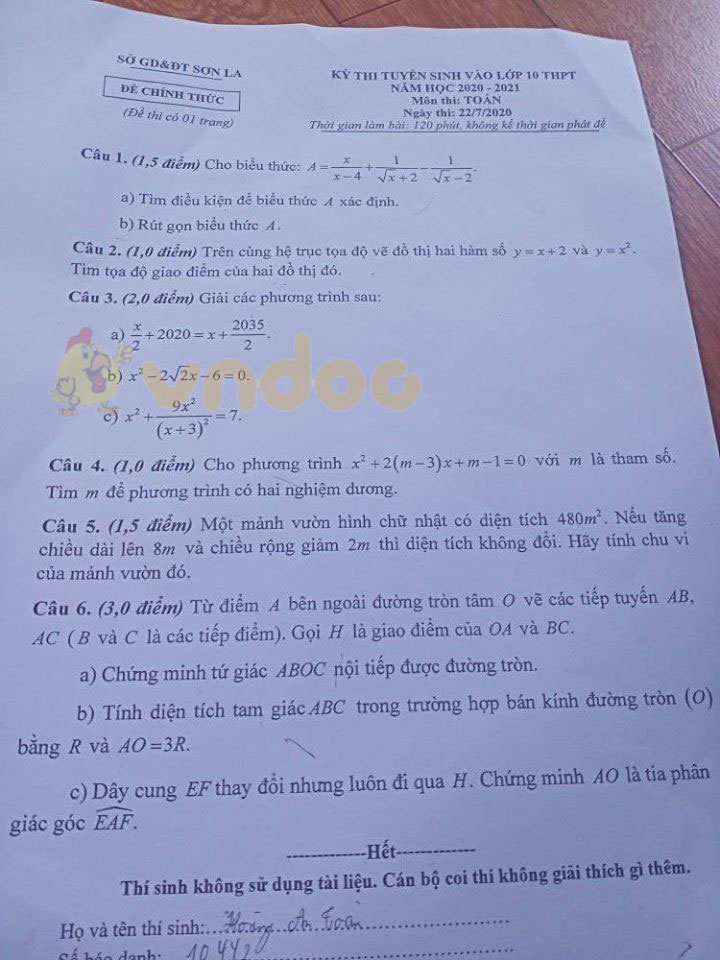 Đáp án đề thi tuyển sinh lớp 10 môn Toán tỉnh Sơn La năm 2020