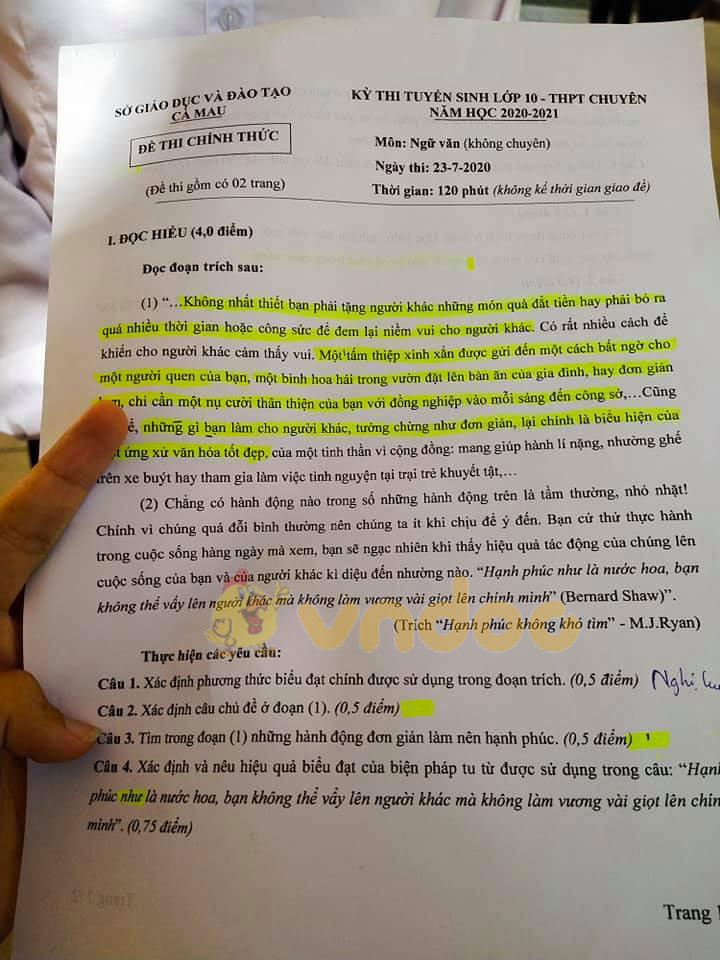 Đáp án đề thi tuyển sinh lớp 10 môn Văn tỉnh Cà Mau năm 2020