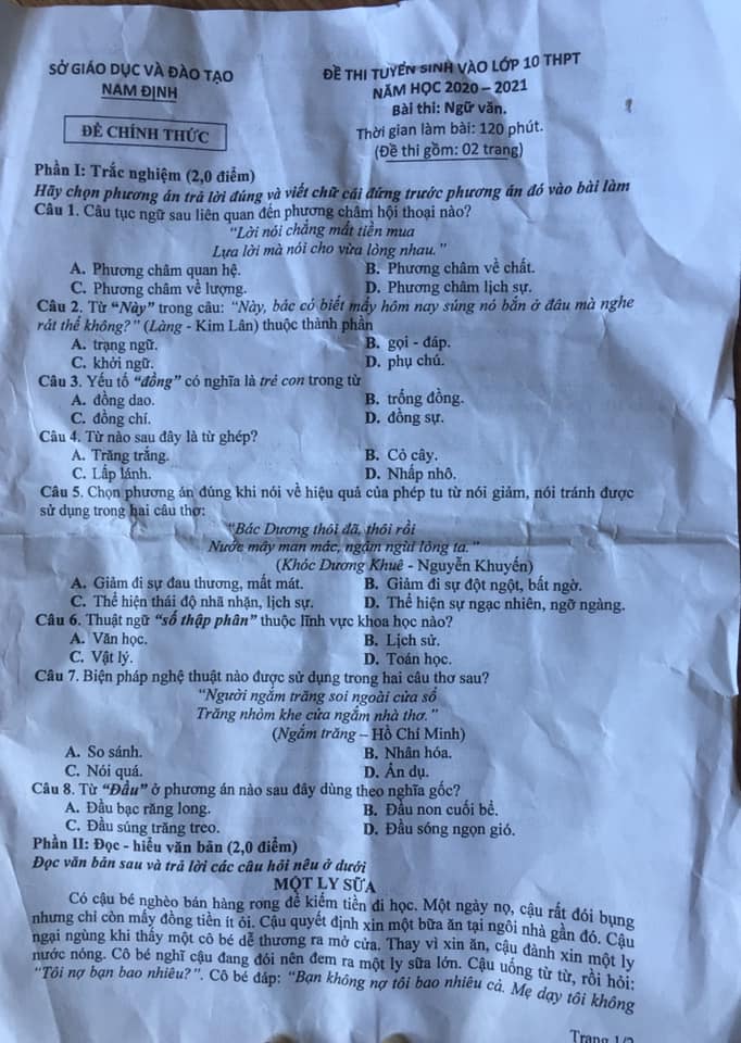 Đề thi tuyển sinh lớp 10 môn Văn tỉnh Nam Định năm 2020