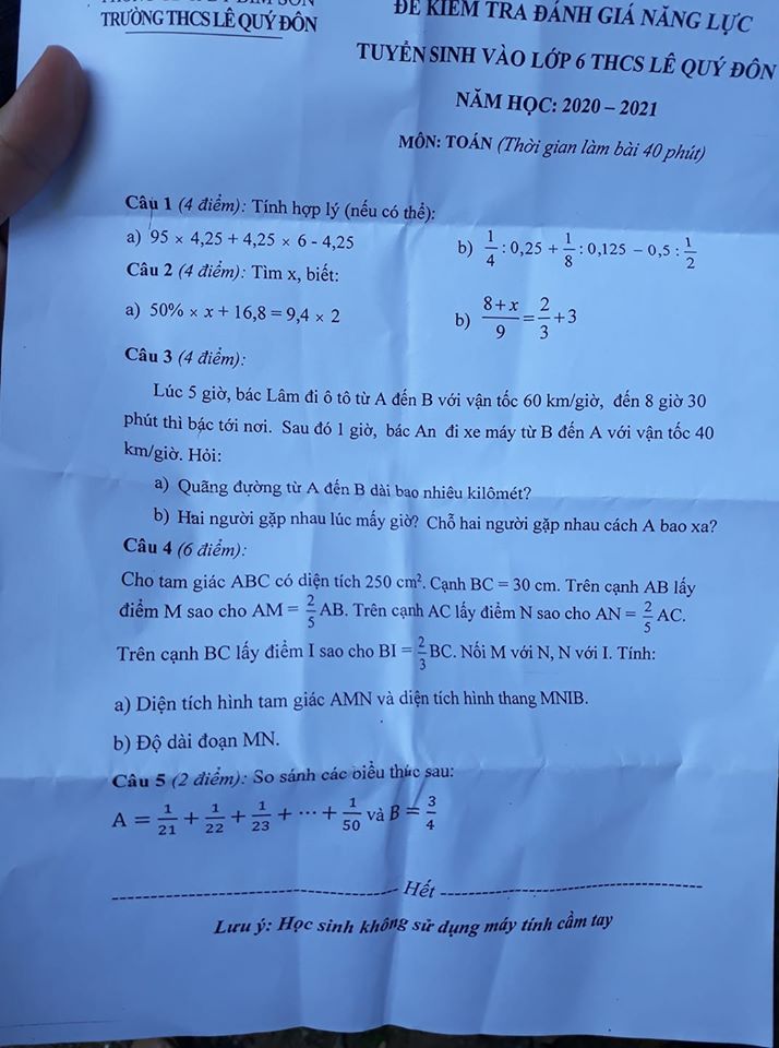 Đề thi vào lớp 6 THCS Lê Quý Đôn