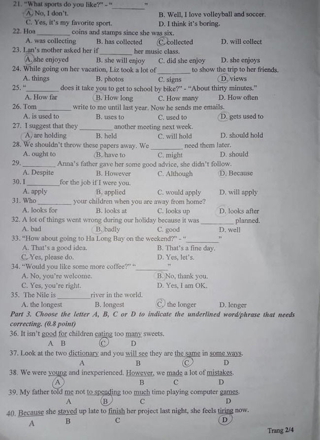 Đáp án Đề thi tuyển sinh lớp 10 môn Anh Bắc Kạn năm 2020