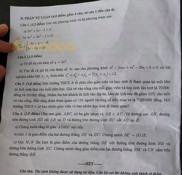 Đáp án đề thi tuyển sinh lớp 10 môn Toán tỉnh Cần Thơ năm 2020