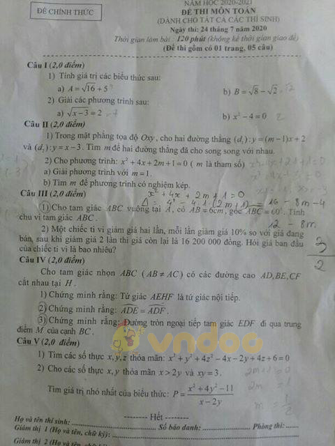 Đáp án đề thi tuyển sinh lớp 10 môn Toán tỉnh Hòa Bình năm 2020