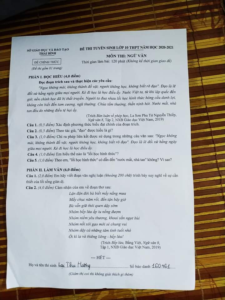 Đề thi tuyển sinh lớp 10 môn Văn tỉnh Thái Bình năm 2020