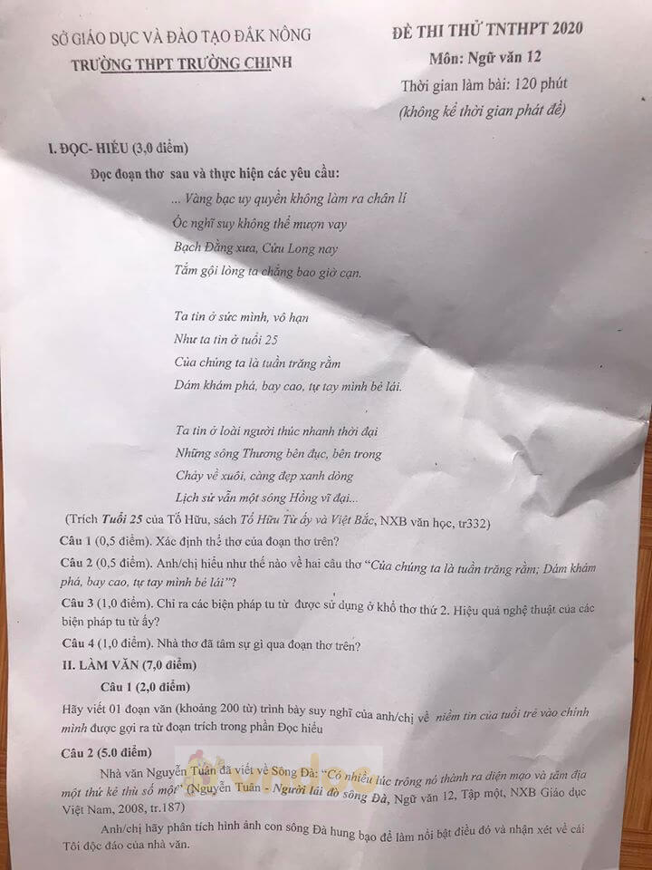 Đề thi thử THPT quốc gia 2020 môn Ngữ văn trường THPT Trường Chinh, Đắk Nông
