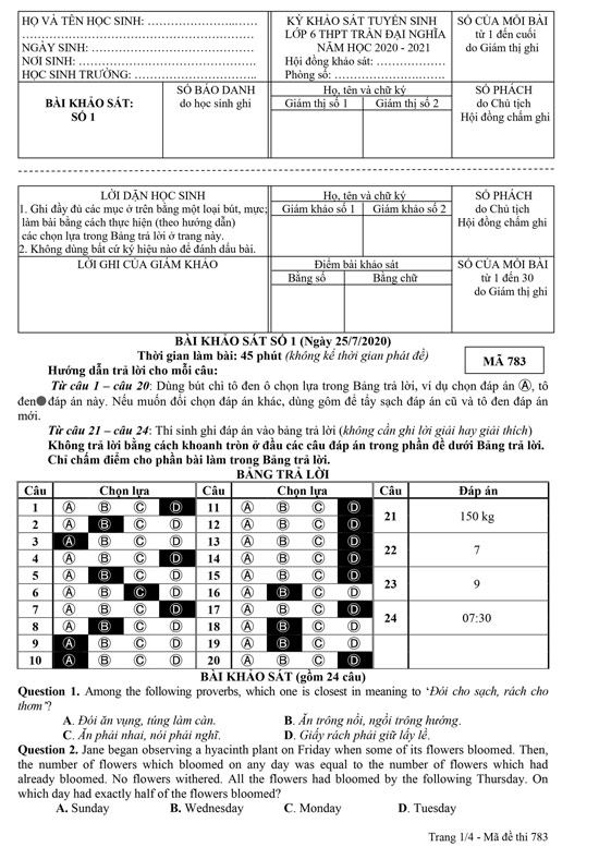 Đề thi vào lớp 6 Trần Đại Nghĩa